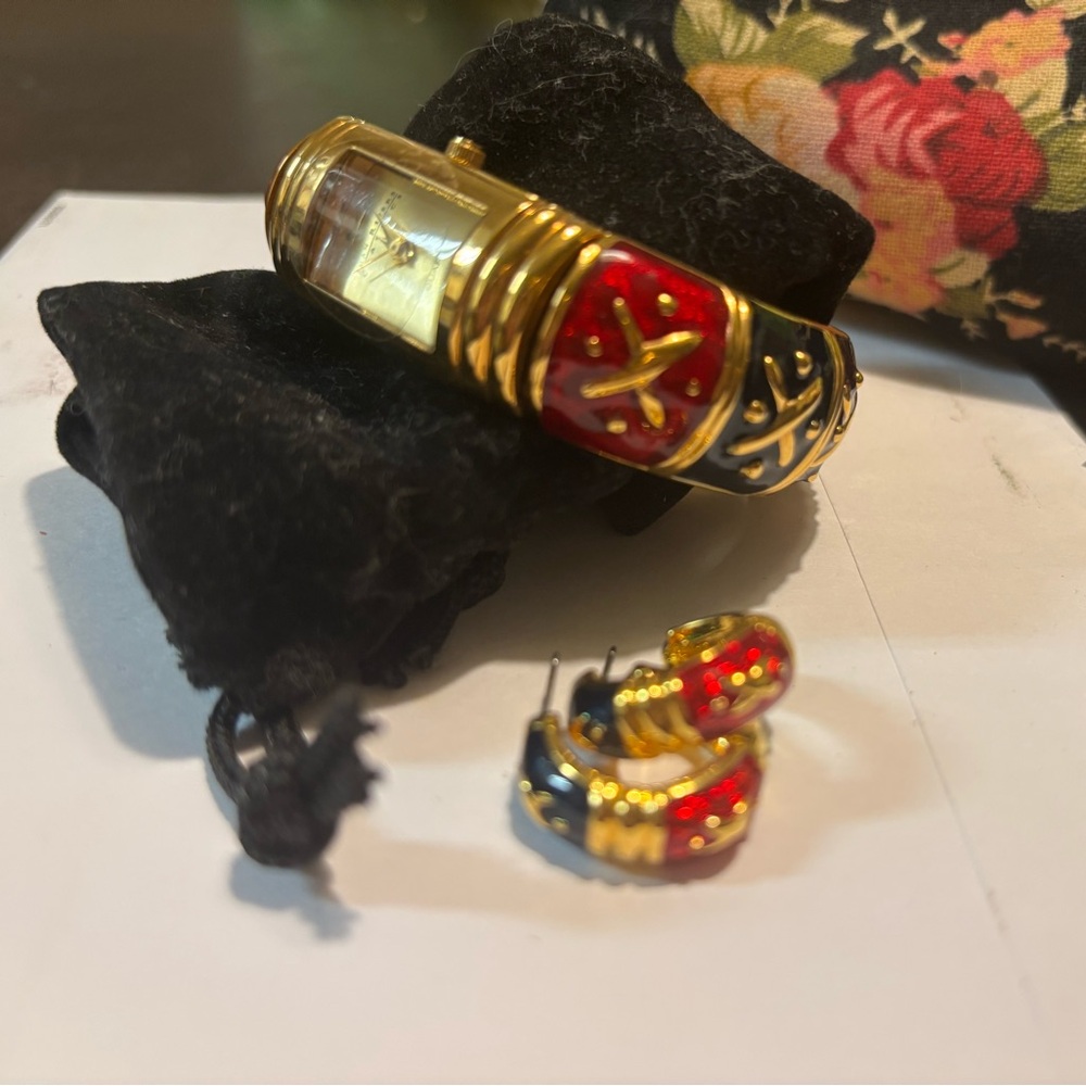 Vintage Joan Rivers Gold Multicolor Watch with Matching Earrings
